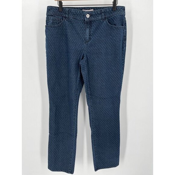 Chicos Ladies Dark Wash Polka Dot Jeans Size 1.5 Straight Leg Lightweight 10 - Picture 1 of 9